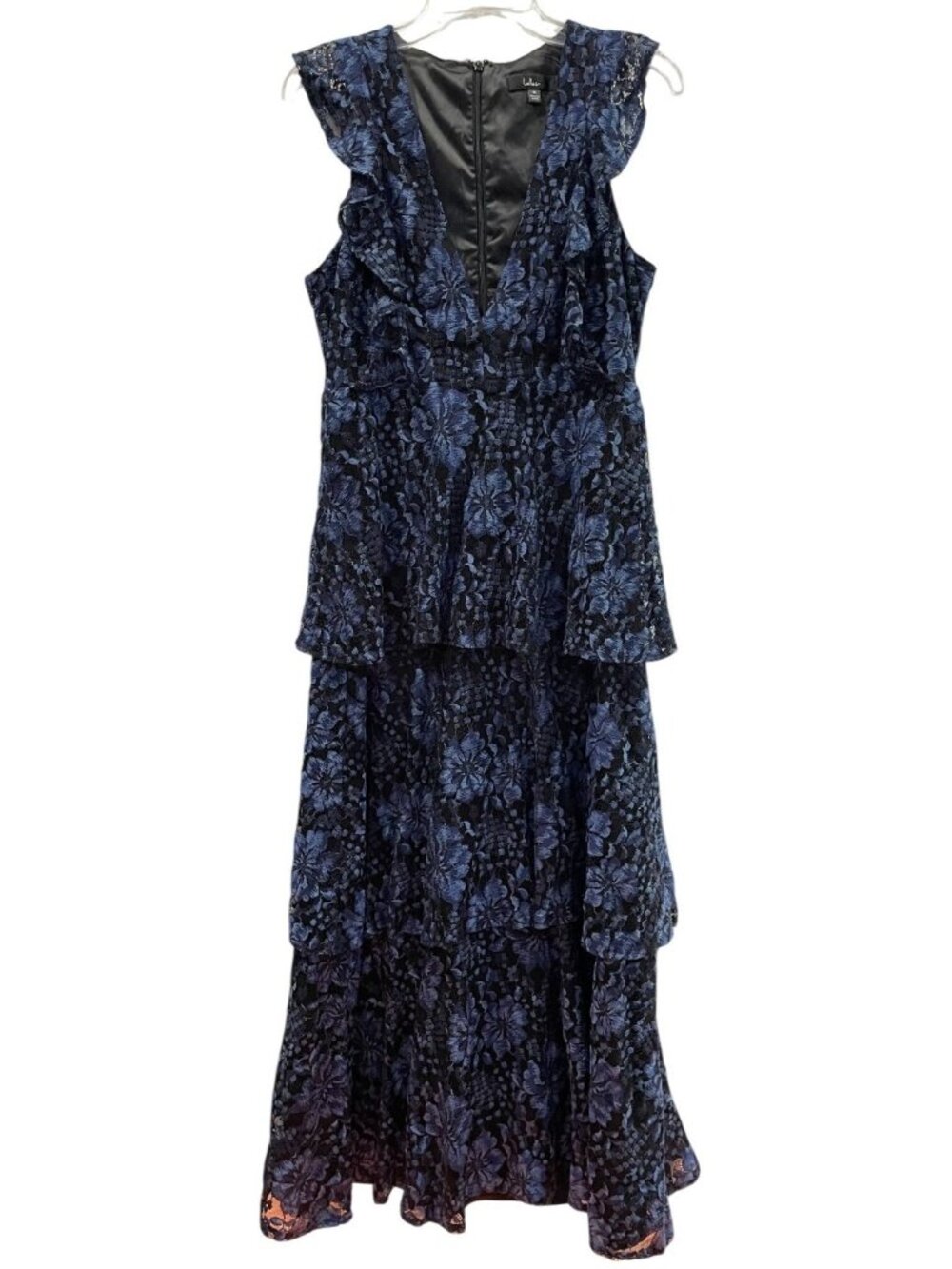 Lulus Molinetto Floral Lace Tiered Maxi Dress M Navy Blue Wedding Guest Romantic